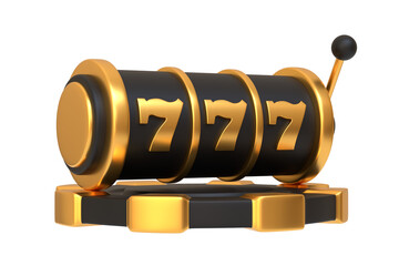 An elegant black slot machine with a glossy golden finish showing the lucky number 777 isolated on a white background, representing wealth and high stakes gambling. 3D render illustration - obrazy, fototapety, plakaty