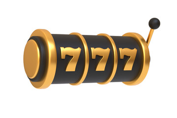 A sleek slot machine in gold and black colors showcasing the lucky triple sevens on a winning spin isolated on a white background. 3D render illustration - obrazy, fototapety, plakaty