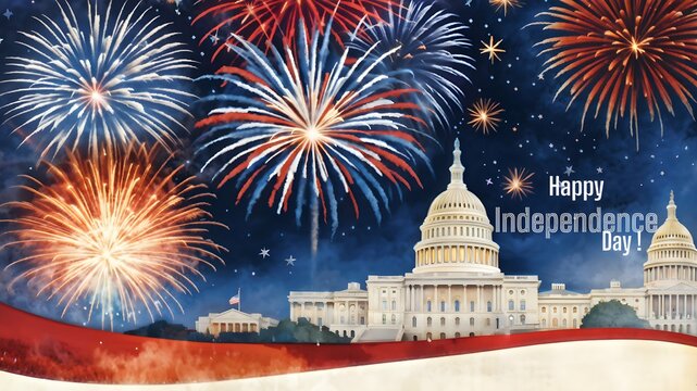 United States Capitol Building and fireworks in Washington. Holiday background. American Independence Day greeting card.