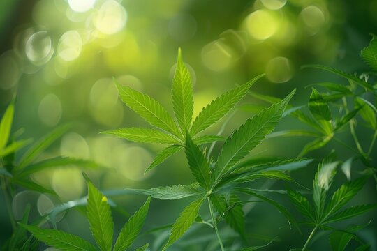 Close-up photo of green hemp leaves. Cannabis leaves background. Medical marijuana concept