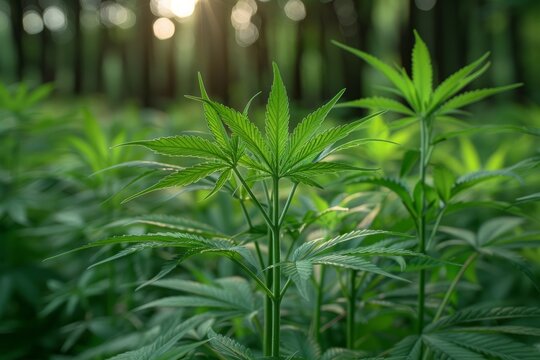 Close-up photo of green hemp leaves. Cannabis leaves background. Medical marijuana concept