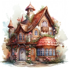 watercolor Kawaii Gingerbread House clipart, Generative Ai
