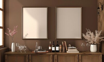 frame mockup over wooden cabinet, modern farmhouse style living room interior design, brown wall background, 3d render, 3d illustration
