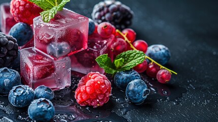 Frozen ice cubes with various fruits, blackberries and raspberries, gooseberries and currants, blueberries and mint, copy space