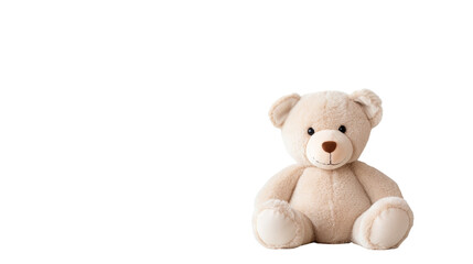 Plush Teddy Bear Toy Sitting on a Shelf on isolated white background.
