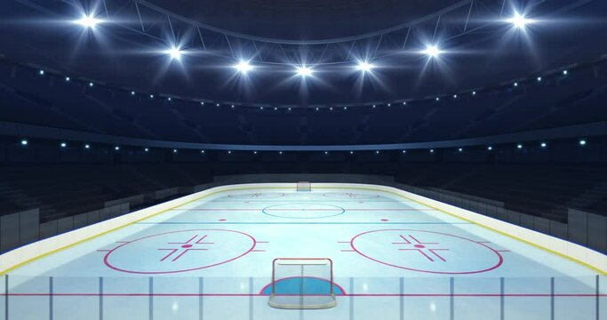  Ice hockey rink inside a modern sports arena illuminated with shining spotlights as sports animated background for professional advertising.