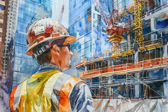 Construction worker overlooking a building site