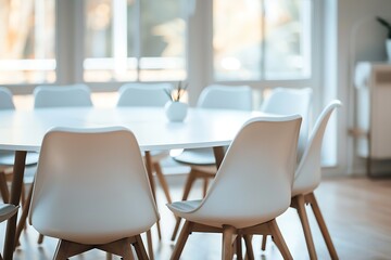 Contemporary conference room interior with a sleek round white table and stylish chairs