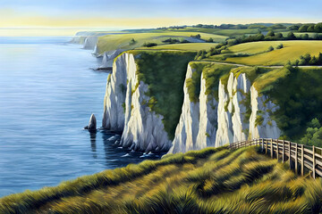 beautiful landscape painting of the cliffs of dover - grassy rocky bluffs over the sea beneath the cloudy sky on a brilliant summer day - stunning panorama vista seascape, wooden fence and grass field