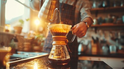 Hand brewing coffee at home using the pour-over technique, with a focus on the hand and kettle,...