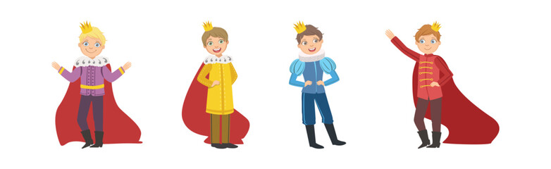 Cute Little Boy Prince with Golden Crown on Head Vector Set