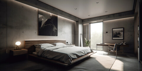 Interior of bedroom in modern house in contemporary style.