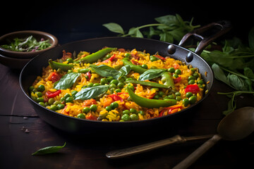 Spring Vegetable Paella, Fresh and colorful Spanish rice dish, filled with seasonal vegetables