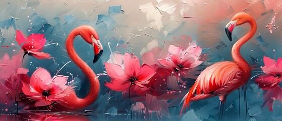 Abstract art with plants, flowers, and the golden grain. Hand painted in oil on canvas. Modern art with flamingos, plants, and flowers, wallpaper, posters, greeting cards, murals, carpets, wall