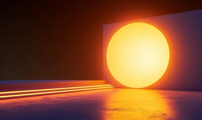 3d rendering, abstract minimalist geometric background. Warm orange light. Round hole in the wall, glowing in the dark, Generative AI 