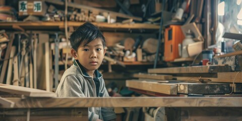 Young Asian boy in a woodworking workshop - Powered by Adobe