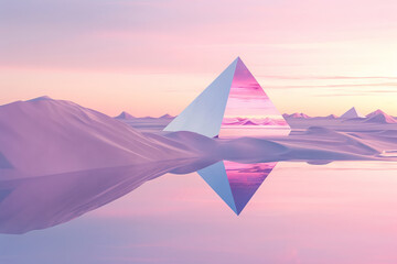 Triangular prism mirrored in desert sands at dusk - 769766103
