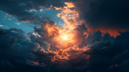 Dramatic cloudscape at sunset with glowing sun and rays - obrazy, fototapety, plakaty