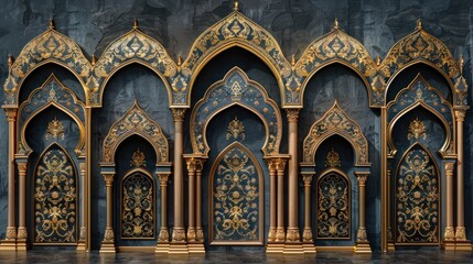 Fototapeta na wymiar Islamic thin golden arch set. Ramadan luxury frames