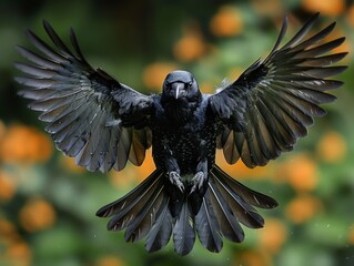 A black bird flying in the air with its wings spread.