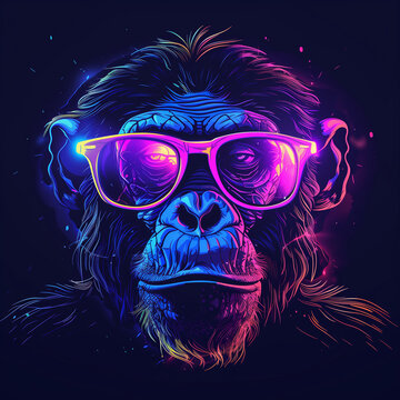monkey head wearing eyeglasses in a neon color illustration