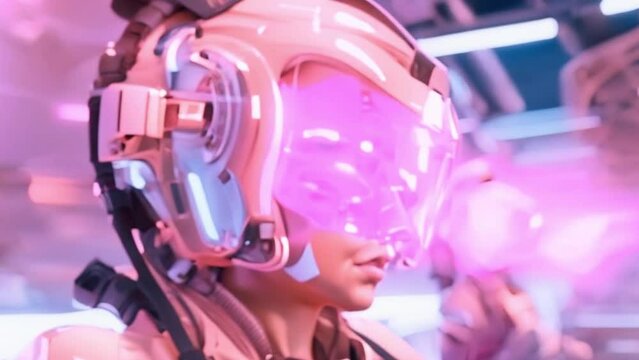 Displaying individuals donning futuristic robot helmets in captivating footage.