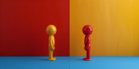 Two bold and colorful characters in a contrasting dialogue or debate showcasing different perspectives and ideas with copy space for text - obrazy, fototapety, plakaty