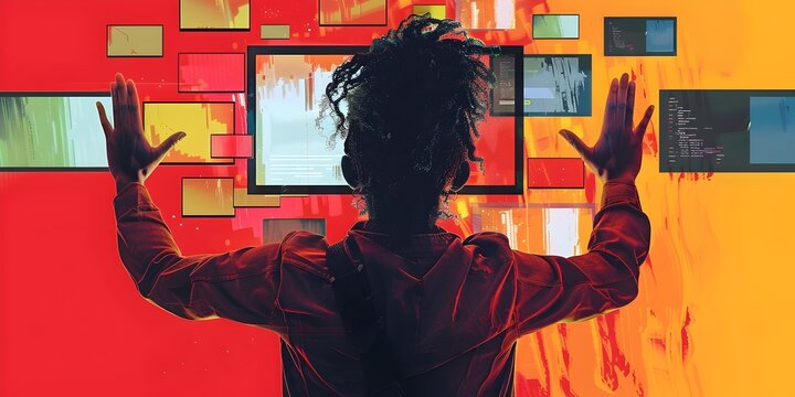 a dynamic abstract character reaching through multiple digital screens symbolizing the interactive nature of modern webinars