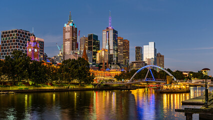 Melbourne skyline with a view of Flinders Street Station during Blue Hour, Australia.