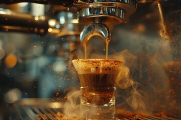 Espresso shot pours, steam rises, rich color against shiny espresso machine backdrop