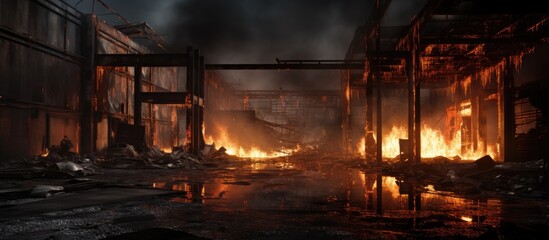 A fire blazes inside an industrial building, dangerously close to a fire hydrant. The scene shows the destructive power of the fire and the potential for containment with the nearby hydrant.