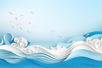 Abstract blue sea summer background, paper cut style