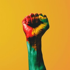 Multicolored painted fist raised against vibrant yellow background symbolizing diversity and empowerment in social movements