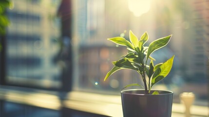 A potted plant sits on a table in a room with sunlight streaming in - obrazy, fototapety, plakaty