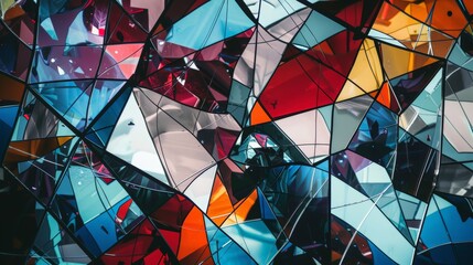 A colorful mosaic of glass pieces with a blue and red piece in the middle