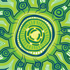 Illustration of green Aboriginal style artwork with dot art motifs