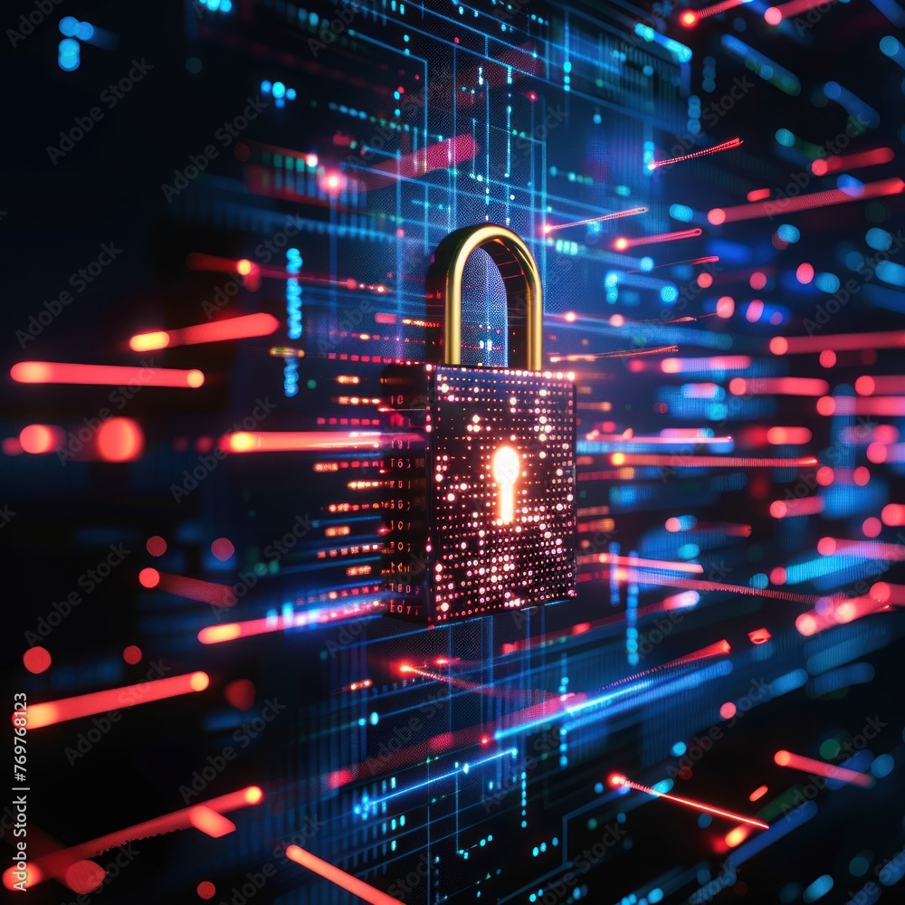 Poster cybersecurity firewall interface with digital padlock and coding on screen