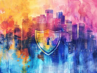 Cybersecurity shield protecting a city, vibrant watercolors