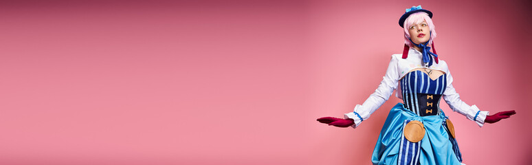 cute pretty woman cosplaying cute anime character and looking away on pink backdrop, banner