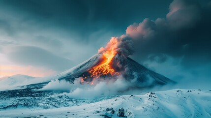 Volcano peaks covered with snow. - obrazy, fototapety, plakaty