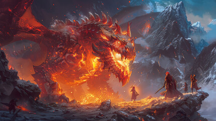 An armored knight faces a menacing dragon in a volcanic landscape under a dramatic fiery sky.