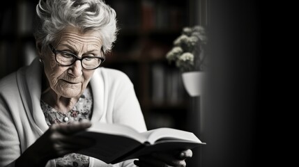 Elderly woman reading a book in a serene home environment