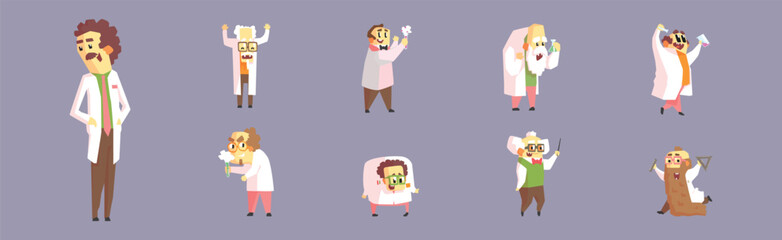 Funny Mad Scientist Man Character In Lab Coat Vector Set