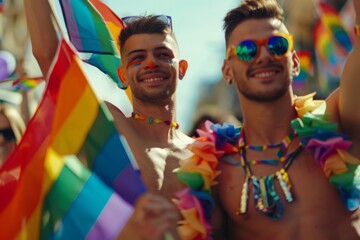 Obraz premium The crowd erupted in cheers as the rainbow flag, a symbol of gay pride, was raised high above the parade