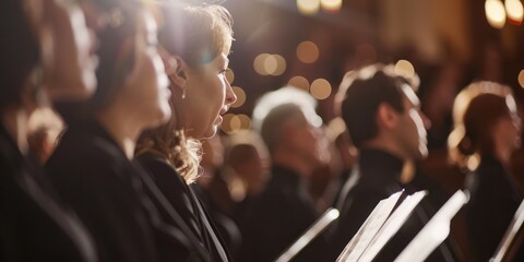 A church choir performing a sacred choral piece during a worship service. 