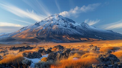 Volcano peaks covered with snow. - obrazy, fototapety, plakaty