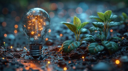 Plant growing inside technology light bulb - obrazy, fototapety, plakaty