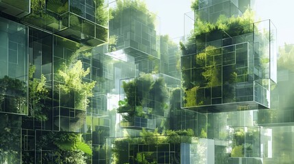 Lush greenery envelops modern glass buildings, symbolizing eco-friendly futuristic city living.