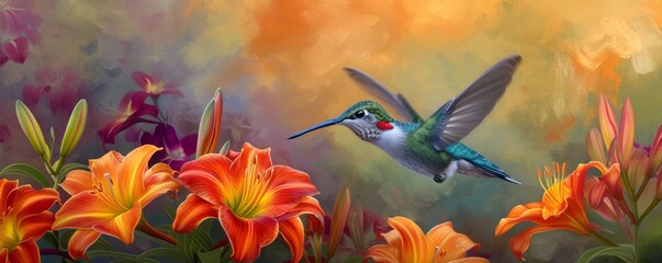 Hummingbird flying over orange lilies