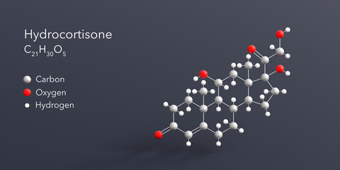 hydrocortisone molecule 3d rendering, flat molecular structure with chemical formula and atoms color coding